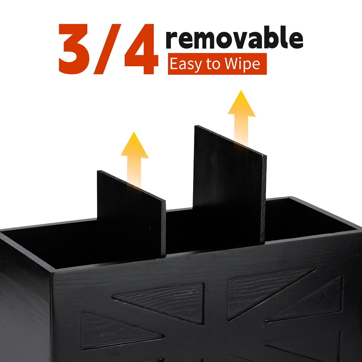PEKER Wooden Utensil Holder, Black Kitchen Countertop Organizer with Removable Divider, 3 Compartments Pine Wood Utensil Crock with Drainage Hole & Non-Slip Base, 2 Pack