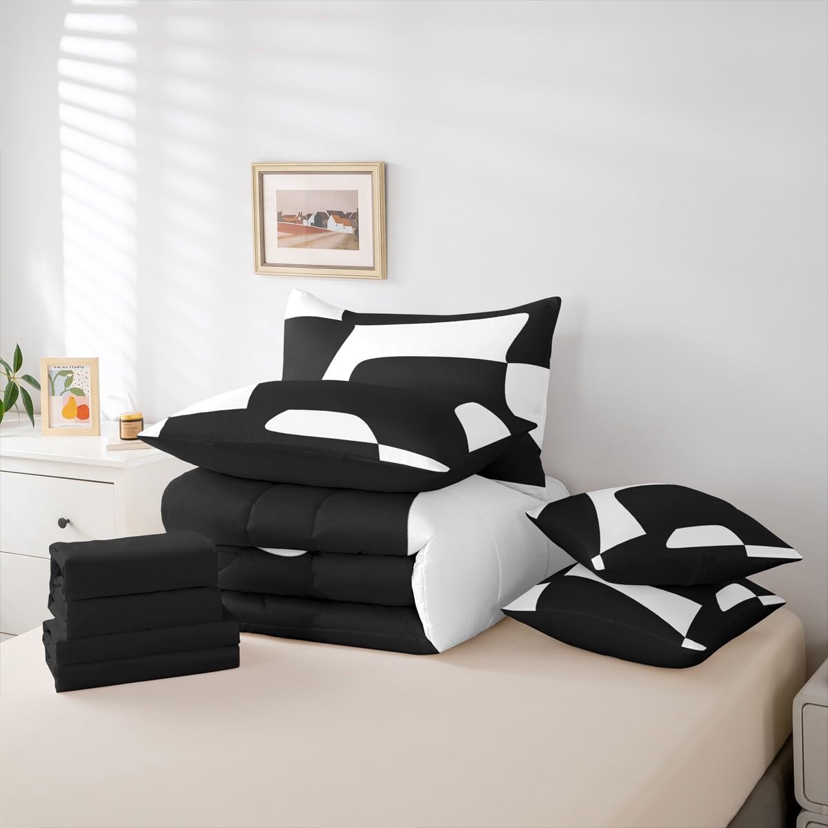 Erosebridal Black and White Abstract King 7-Piece Bedding Set for Adult Women Men Boho Geometric Striped Comforter Set Modern Art Bed in a Bag Simple Aesthetic Modern Bed Collections