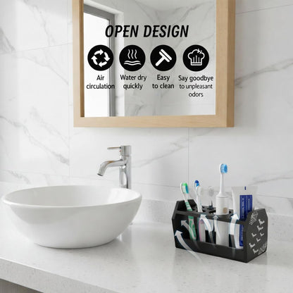 Halloween Gothic Bathroom Decor - Spooky Goth Coffin Toothbrush Holder Sides Wide Open Quick Dry, Roomy Space, Horror Bats Skull Design - 5.5" L x 4" W x 6" H