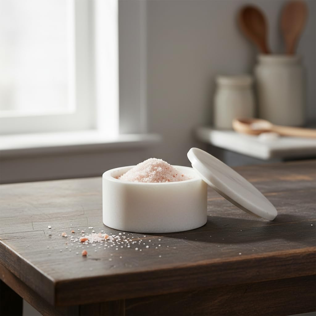 Queenza White Marble Salt Cellar with Lid – Handmade 3 Inch Marble Salt Bowl, Kosher Salt Keeper, Spice & Herb Container