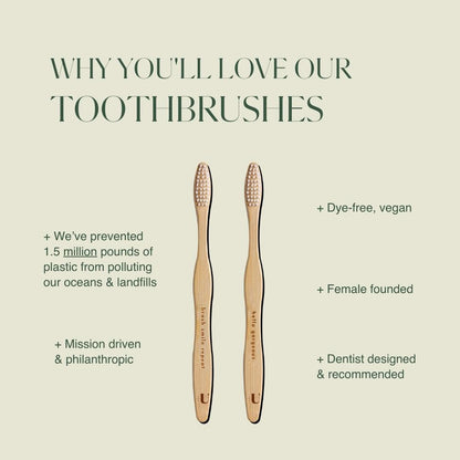 Plus Ultra 2-Pack Bamboo Toothbrush - BPA Free Soft Bristle - Dentist-Approved and All-Natural with Brush Smile Repeat and Hello Gorgeous Etched on Handles
