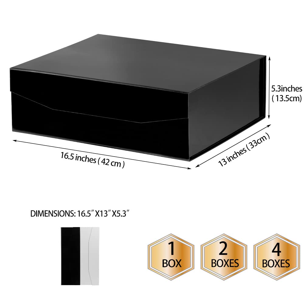 PACKGILO Black Extra Large Gift Box with Lid 2 Pcs 16.5 x 13 x 5.3 Inches, Gift Box large Black Gift Boxes for Presents Clothes Robe Wedding Dress Sweater,Reusable Foldable Bridesmaid Proposal Box（Glossy）