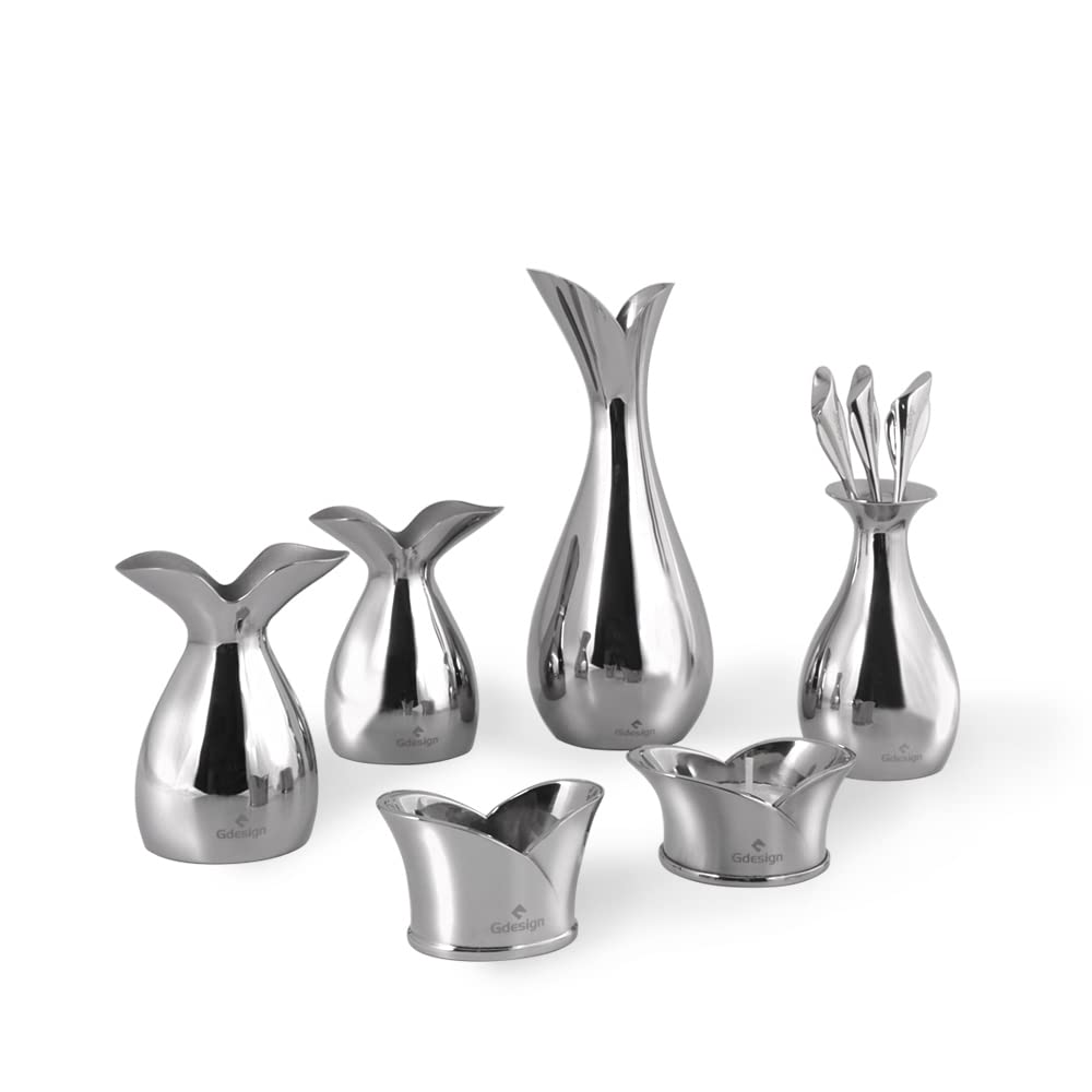 Gdesign Stainless Steel Home Decor Accessory Set, Flatware Table Set with Small Vase, Dessert Fork and Holder, Napkin Ring, Salt and Pepper Shaker, Tealight Candle Holder, Gift for Wedding, Birthday