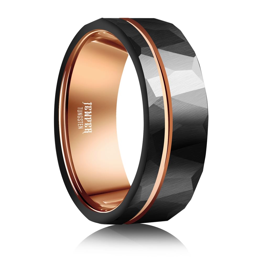 JEWPER 8mm Men Womens Wedding Band Tungsten Rings Black rose gold Fashion Promise Carbide Hammered groove design on outer ring Matte Finish Edge Comfort Fit Size(13)