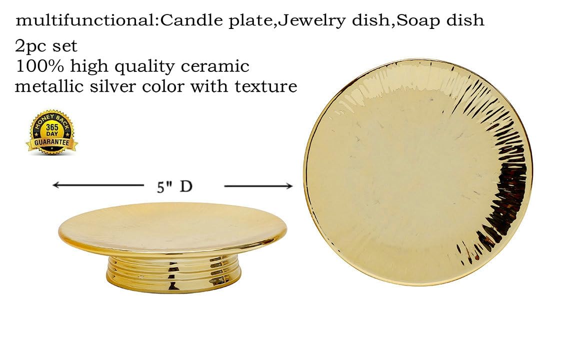Ceramic Gold Candle Holders Set 2 Modern Pillar Candle Stand Candle plate Table Centerpiece Jewelry dish golden Tray riser display stand for Home,Dinning,Party,Wedding,Birthday,Anniversary Decorations