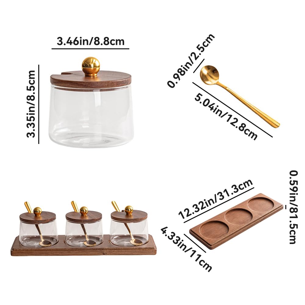 ANQIA Condiment Containers Set with Acacia Wood Lids and Tray Seasoning Box Condiment Pots Jars with Spoons for Spice Salt Sugar Cruet (Gold Top, 3 Jars with Tray)