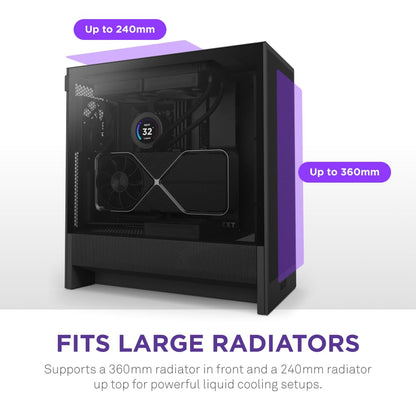 NZXT H5 Flow - Compact ATX Mid-Tower PC Gaming Case - High Airflow - 2 x 120mm Fans Included - 360mm Front & 240mm Top Radiator Support - Cable Management System - Tempered Glass - Black