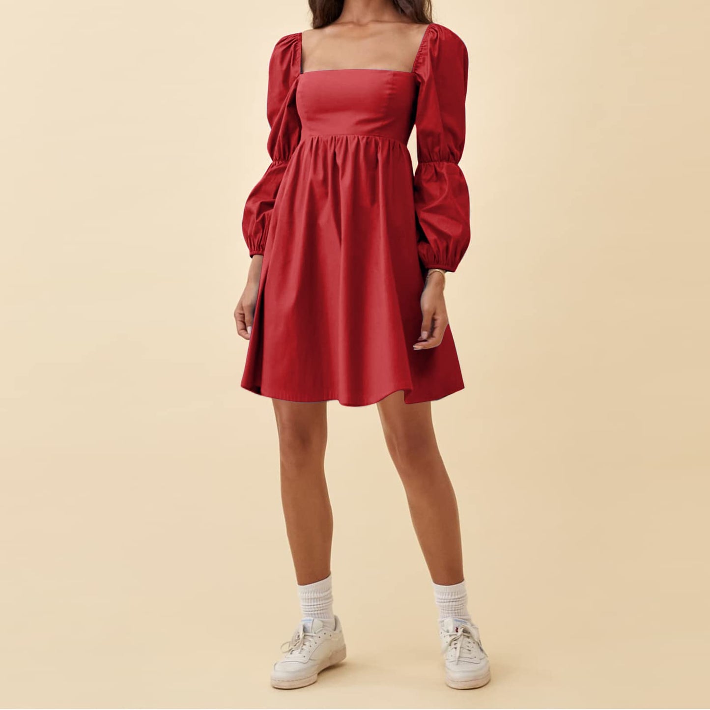 EXLURA Womens 2024 Casual Long Puff Sleeve Dress A-Line Square Neck Short Mini Dress Red