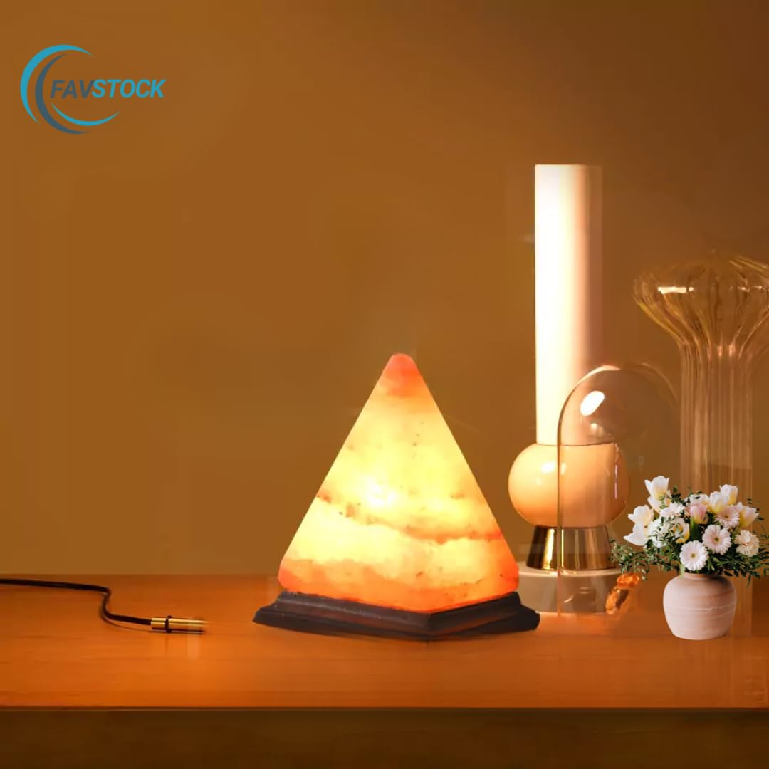 FAVSTOCK Himalayan Salt Lamp, Natural Pyramid Salt Rock Lamp with Handcrafted Wooden Base & Night Light, Soothing Amber Glow, for Home, Office, Yoga Decor, 6 x 4.5 Inches