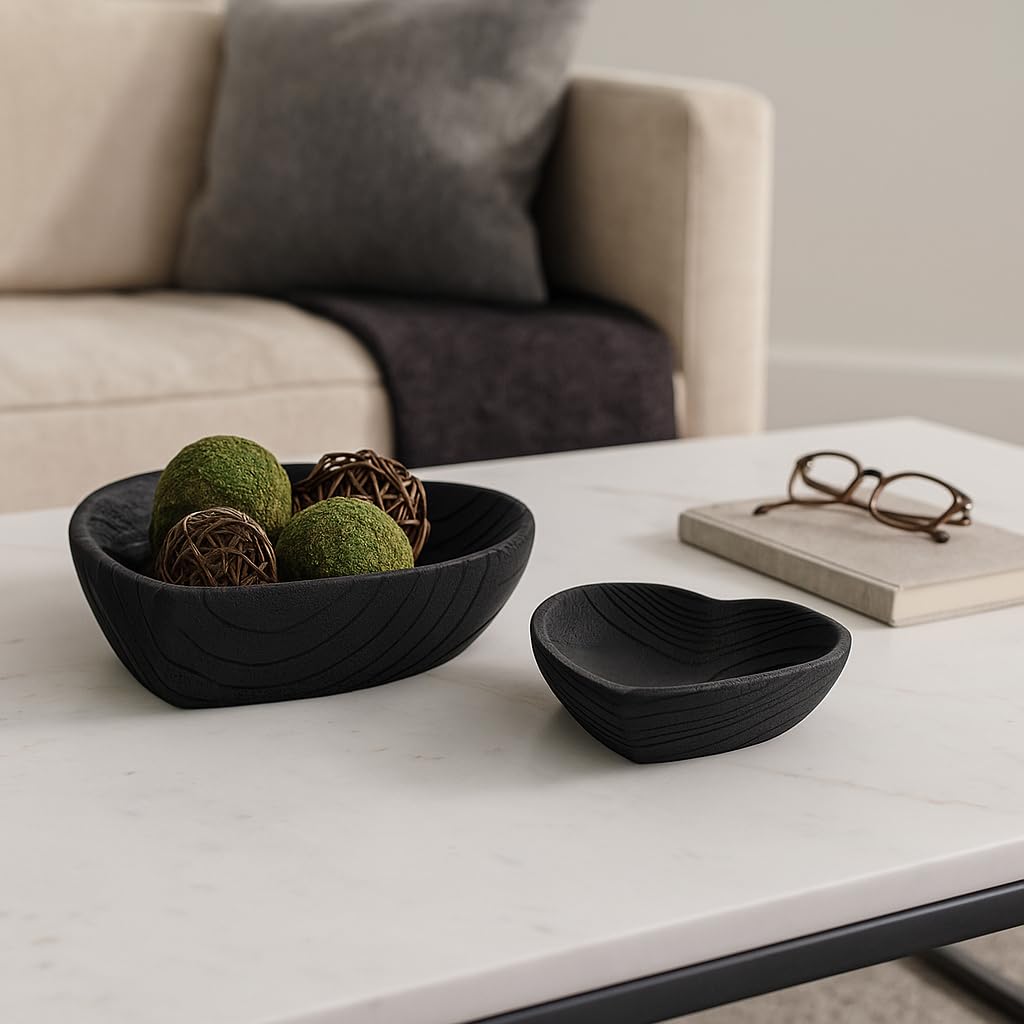 Set of 2 Wooden Decorative Bowls – Accent Bowl Set for Everyday Display, Coffee Table or Entryway Styling – Heart Shape Design for Soft, Sculptural Impact, Home Decor – 10" & 8", Black