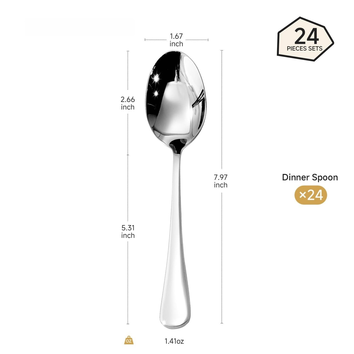 HIKAA 24-Piece Dinner Spoons Set, 8-Inch 18/10 Stainless Steel Spoons, Mirror Polished Dishwasher Safe Table Spoons for Home, Restaurant, Party