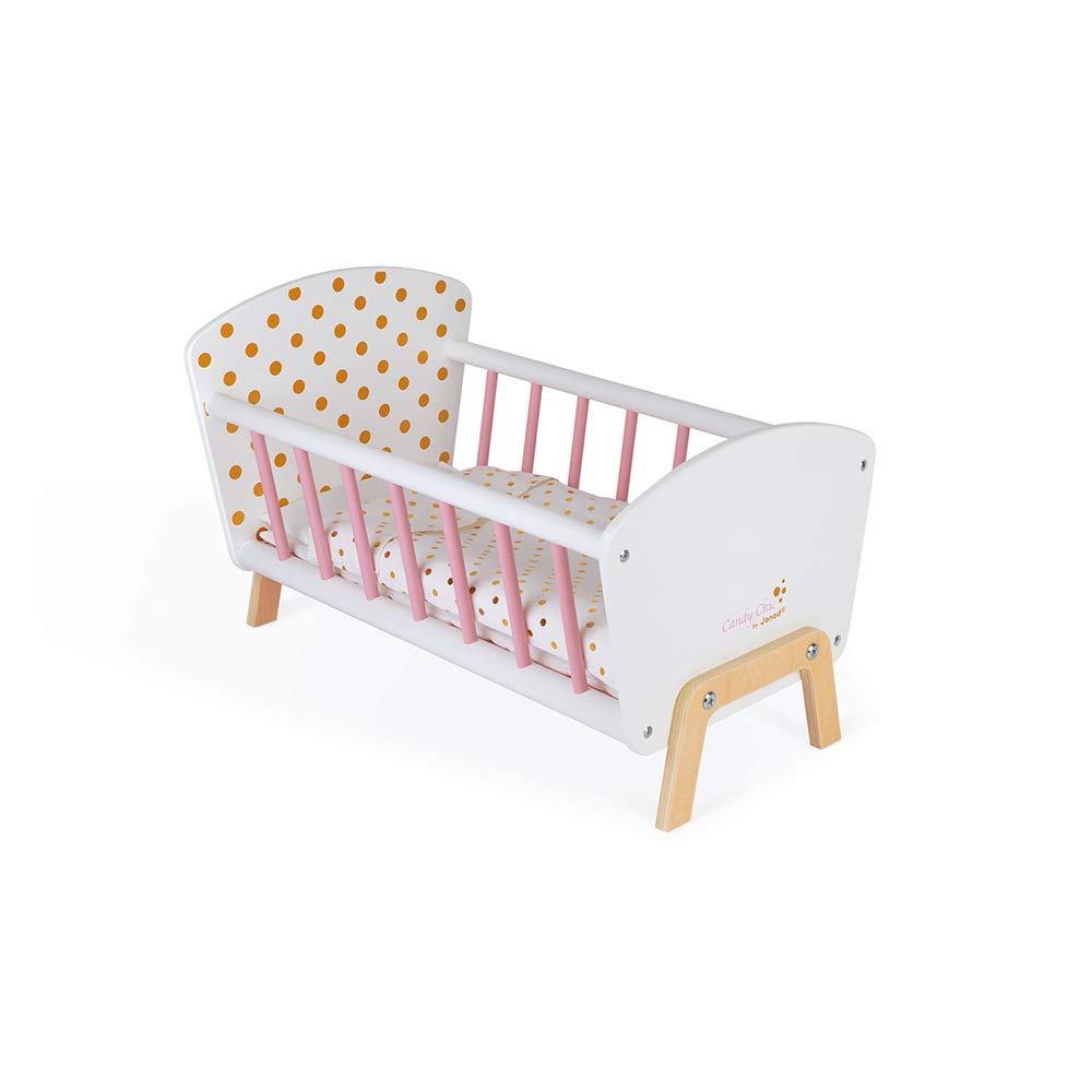 Janod - Candy Chic Doll's Bed Wooden Baby Doll Cradle Ages 3+ - Engaging in Imaginative Play - Stylish Design - Durable Construction and Safe Materials - Includes Bedding