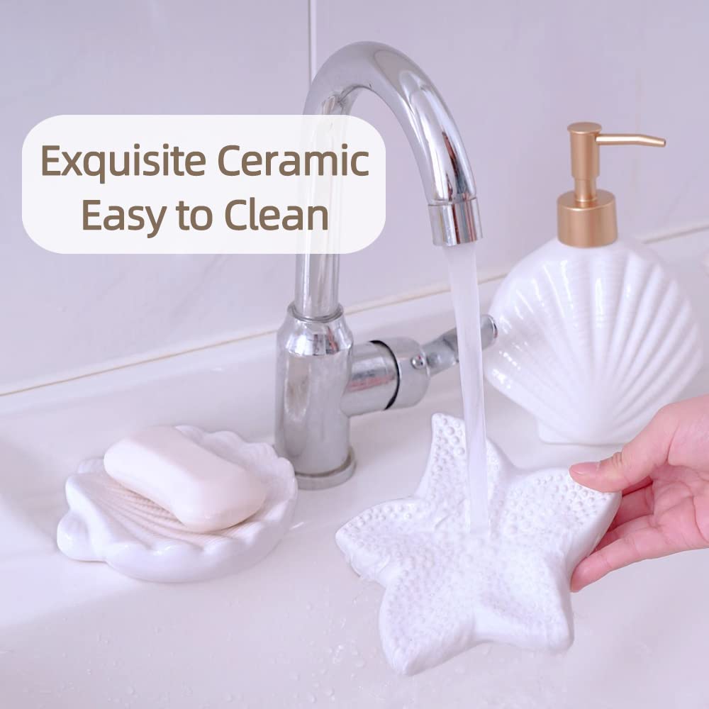 Shell Soap Dish, Starfish Jewelry Dish Tray, Ceramic Ocean Soap Holder for Bathroom,Tub, Kitchen Sink & Vanity Spaces(Shell)