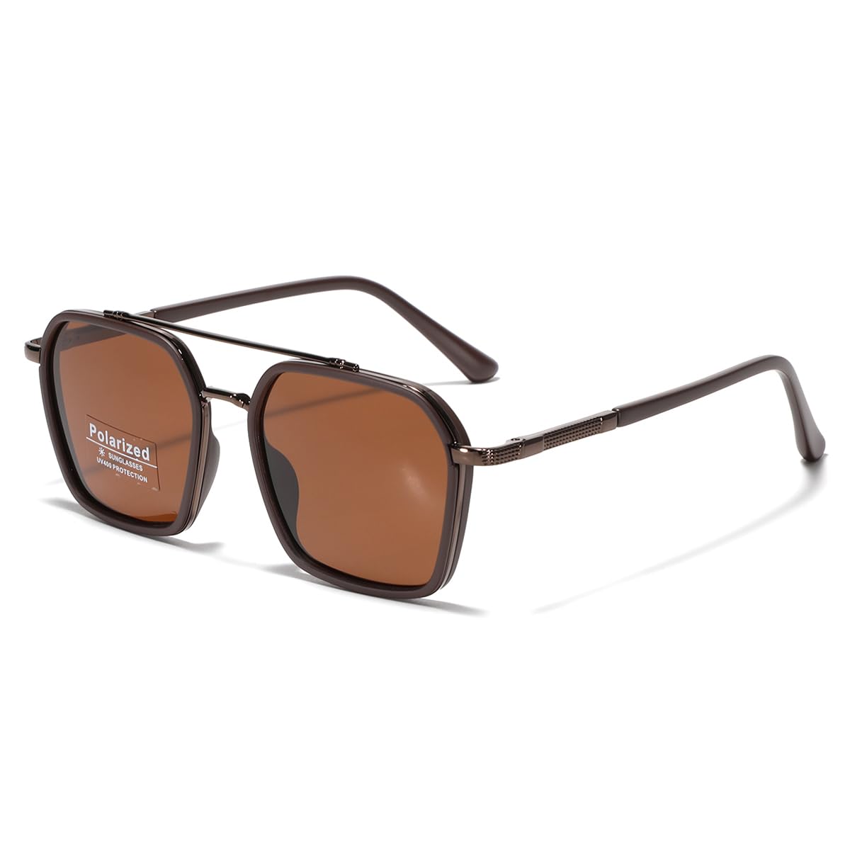 Metal Square Frame Sunglasses Big Tr90 Double Bridge Polarized Sun Glasses TAC Lens Unisex Glasses, Brown