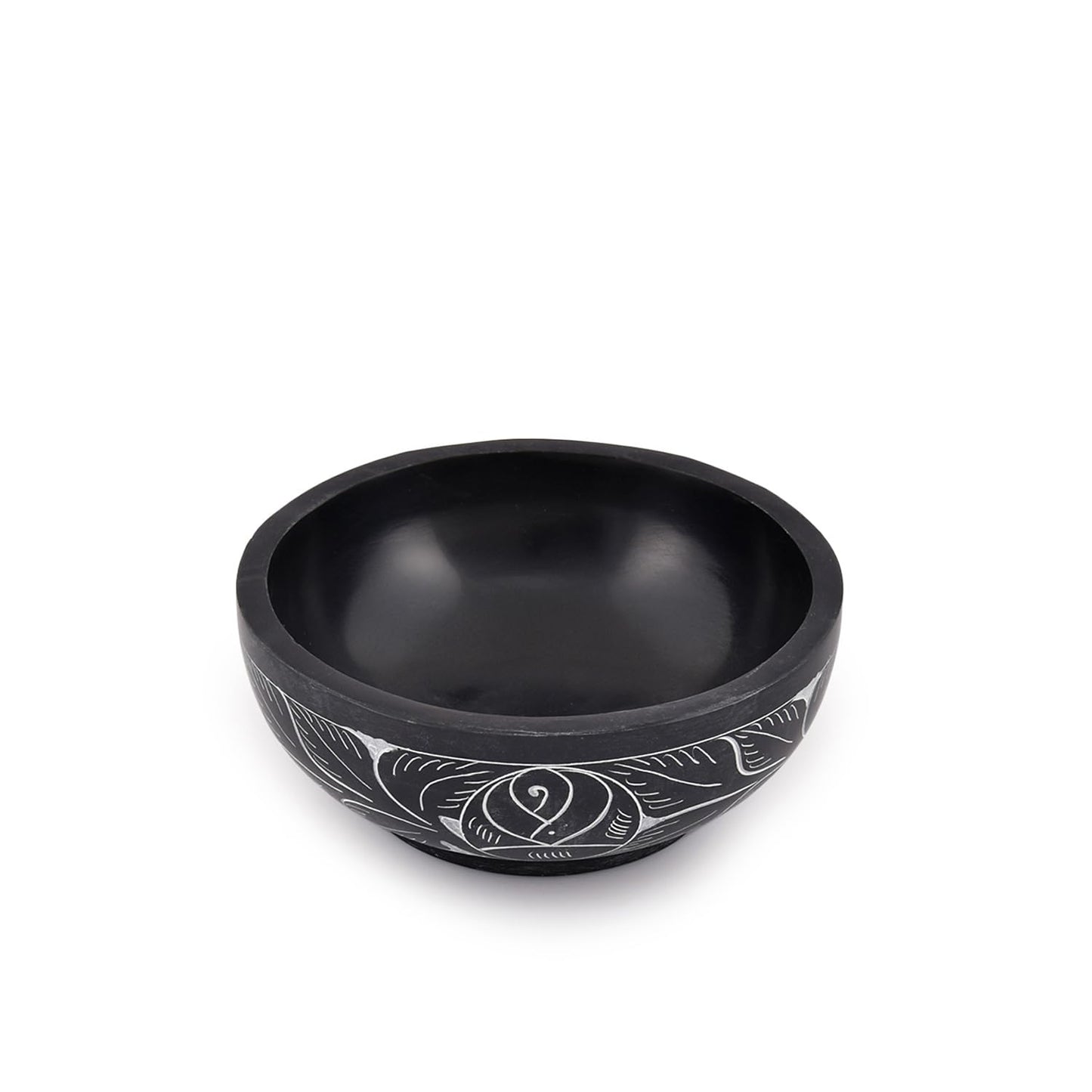Kaizen Casa Hand Carved Natural Stone Smudge Bowl, White Leaf Design | Size 5' x 2' Black Ritual Bowl Display Jewelry Dish Kitchen Table Decor Gift