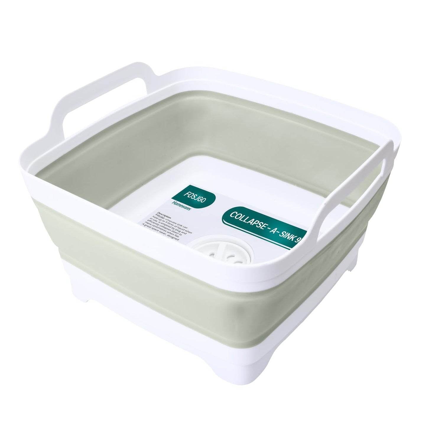 FOSJGO Collapsible Dish Basin with Drain Plug and Carry Handles - 9L Capacity, Portable Sink Tub for Camping and RV