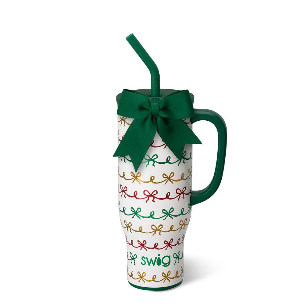 Swig Life 30oz Mega Mug, 30oz Tumbler with Handle and Straw, Large Insulated Tumblers, Cup Holder Friendly Travel Mug, Stainless Steel 30 oz Tumbler, Reusable Insulated Water Bottle (Christmas Bows)