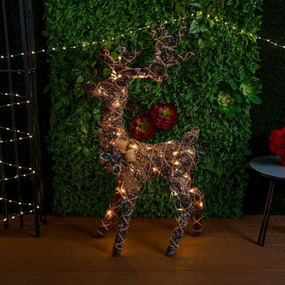 Alpine Corporation 48" Tall Outdoor Rattan Twig Grazing Reindeer Christmas Yard Decor with 80 Warm White LED Lights, Brown