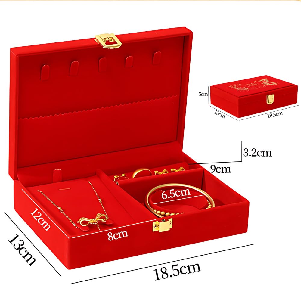 BAIWOVIS Chinese Wedding Jewelry Box for Groom, Double Happiness and Loong Phoenix Design, Chinese Engagement Red Velvet Presentation and Storage Case Gift Box for Gold Jewelry