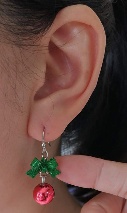 Ribbon Bow Festive Red Green Ball Ornament Dangle Drop Earrings for Women Cute Bowknot Fish Hook Dangling Hypoallergenic Christmas Festival Jewelry Gifts for Bff Daughter Thanksgiving