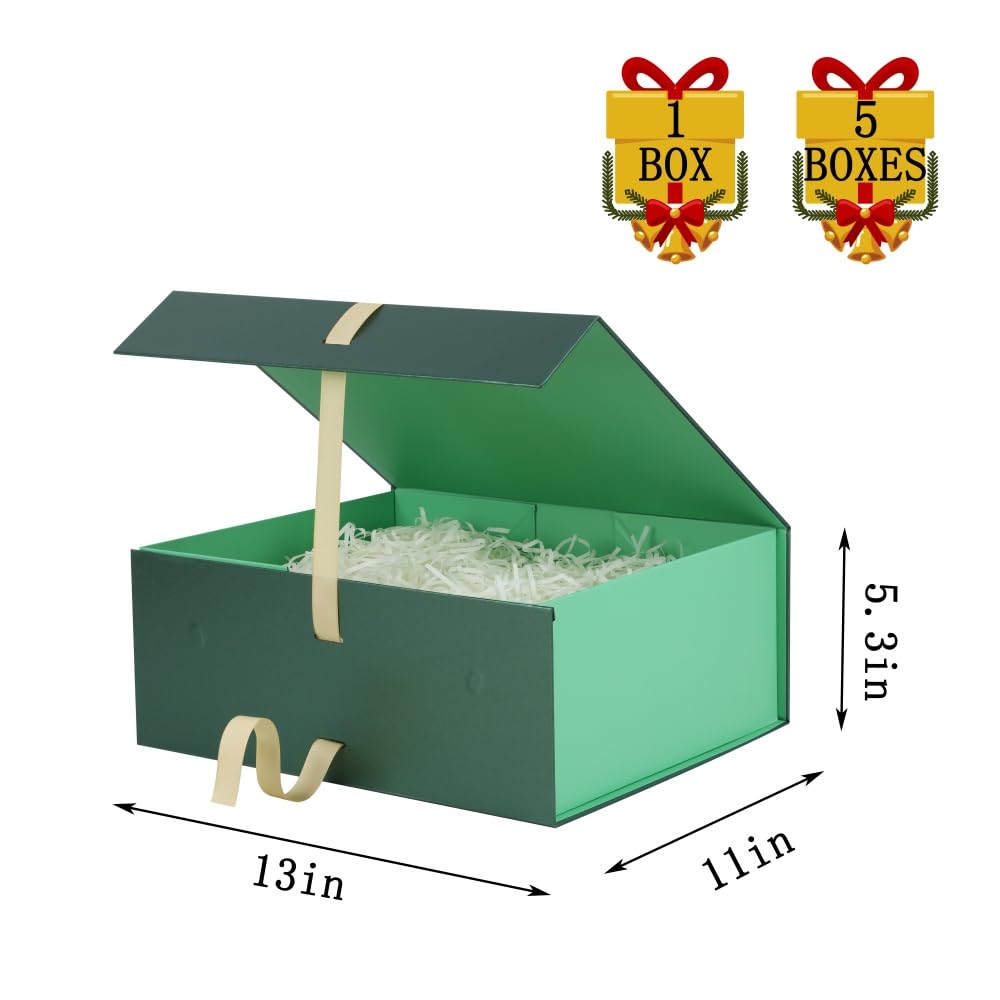 BoxSkivra Green Large Gift Box with Ribbon 1 Pack 13X11X5.3 Inch Large Gift Box with Lid Magnetic Closure Rectangle Collapsible Luxury Gift Boxes for Presents Crinkle Cut Paper Shred with Card
