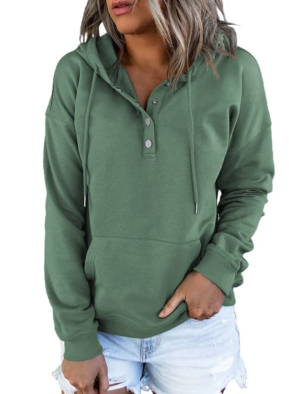 Dokotoo Hoodies for Women Drawstring V Neck Long Sleeve Front Button Collar Hooded Pullover Hoodie with Pockets Christmas Sweatshirt Loose Fit Casual Ladies Shirt Tops Winter Clothing Green X-Large