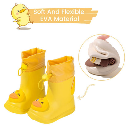 DRECAGE Boys Rain Boots with Pull On Drawstring Closure for Kids Waterproof Non-Slip Wellies Rubber Rain Shoes Outdoors Yellow Duck 5 UK Child 140 MM