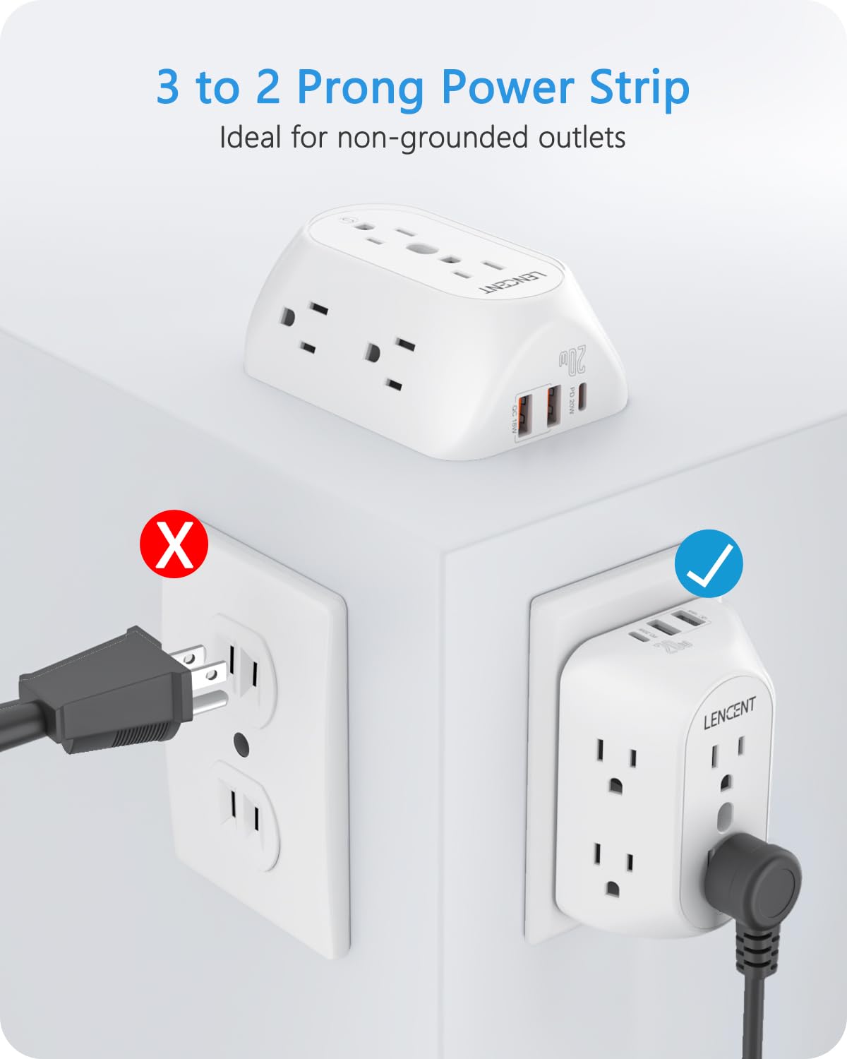 LENCENT 2 Prong Power Strip, 3 to 2 Prong Grounding Outlet Adapter 6 Outlet 1 Type C&2 USB 3.4A, Polarized Plug, 1728J Surge Protector, 3-Sided Wide Spaced Extender,Wall Mount for Non-Grounded Outlet