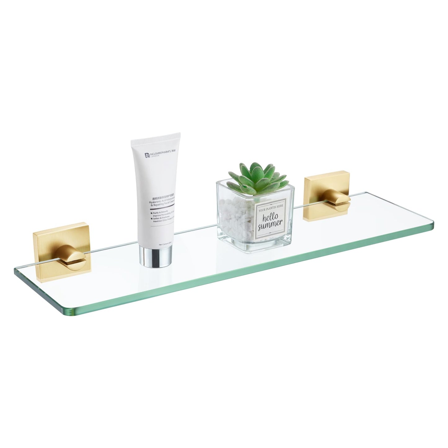 KOKOSIRI Floating Wall Shelf 16-Inch Bathroom Tempered Glass Shelves Shower Hanging Rack for Kitchen Storage Home Decor, Gold Stainless Steel B1107BG-L16