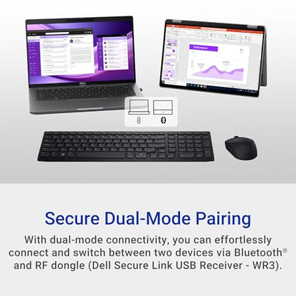 Dell Wireless Keyboard and Mouse - KM3322W, Wireless - 2.4GHz, Optical LED Sensor, Mechanical Scroll, Anti-Fade Plunger Keys, 6 Multimedia Keys, Tilt Leg - Black