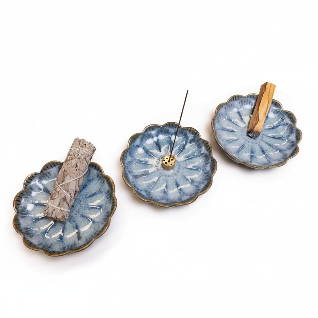 Pinehaven Lotus Incense Holder – 5.5 Inch Ceramic Tray with Ash Catcher, Blue, Solid Brass 9-Hole Insert – for Incense Sticks, Palo Santo, Sage & Cones – Zen Meditation Home Decor