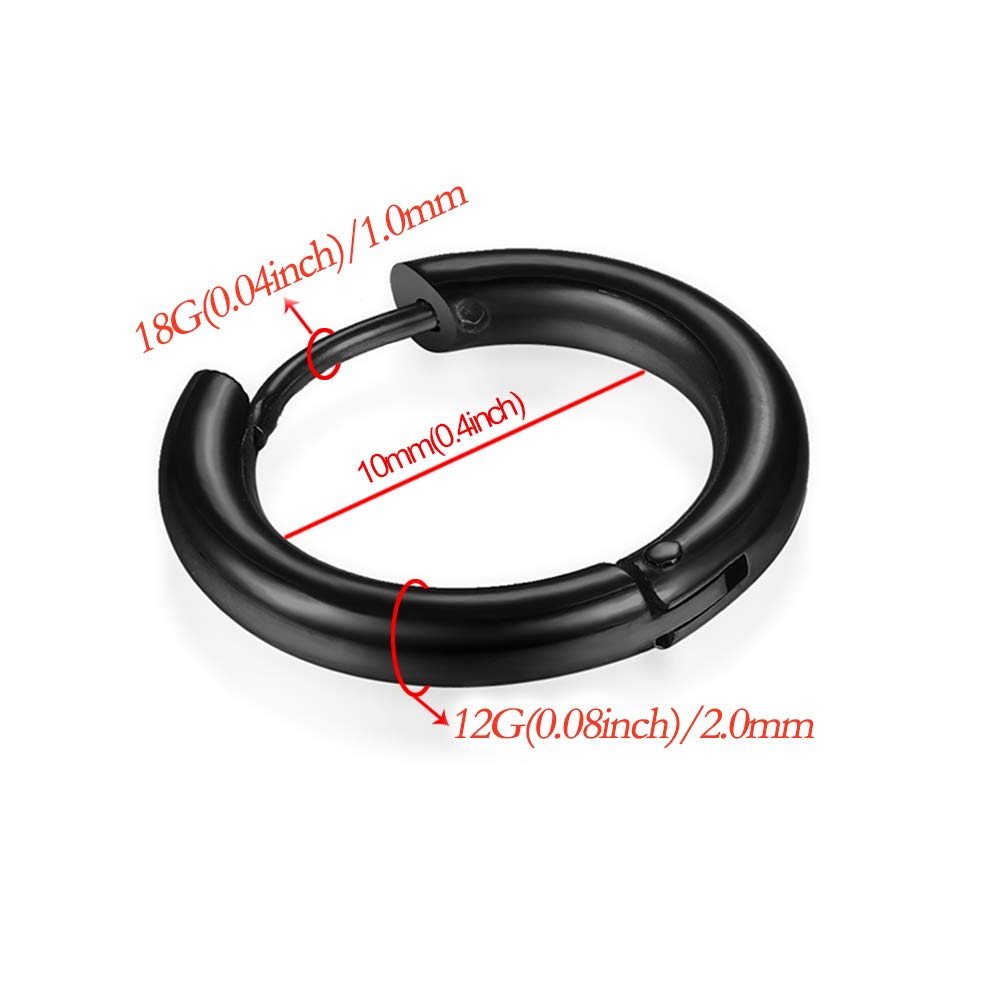 316L Surgical Stainless Steel Huggie Hoop Earrings 10mm Black Hypoallergenic Earrings Hoop Cartilage Helix Lobes Hinged Sleeper Earrings For Men Women(C03:10mm Black(THK 2.0mm))