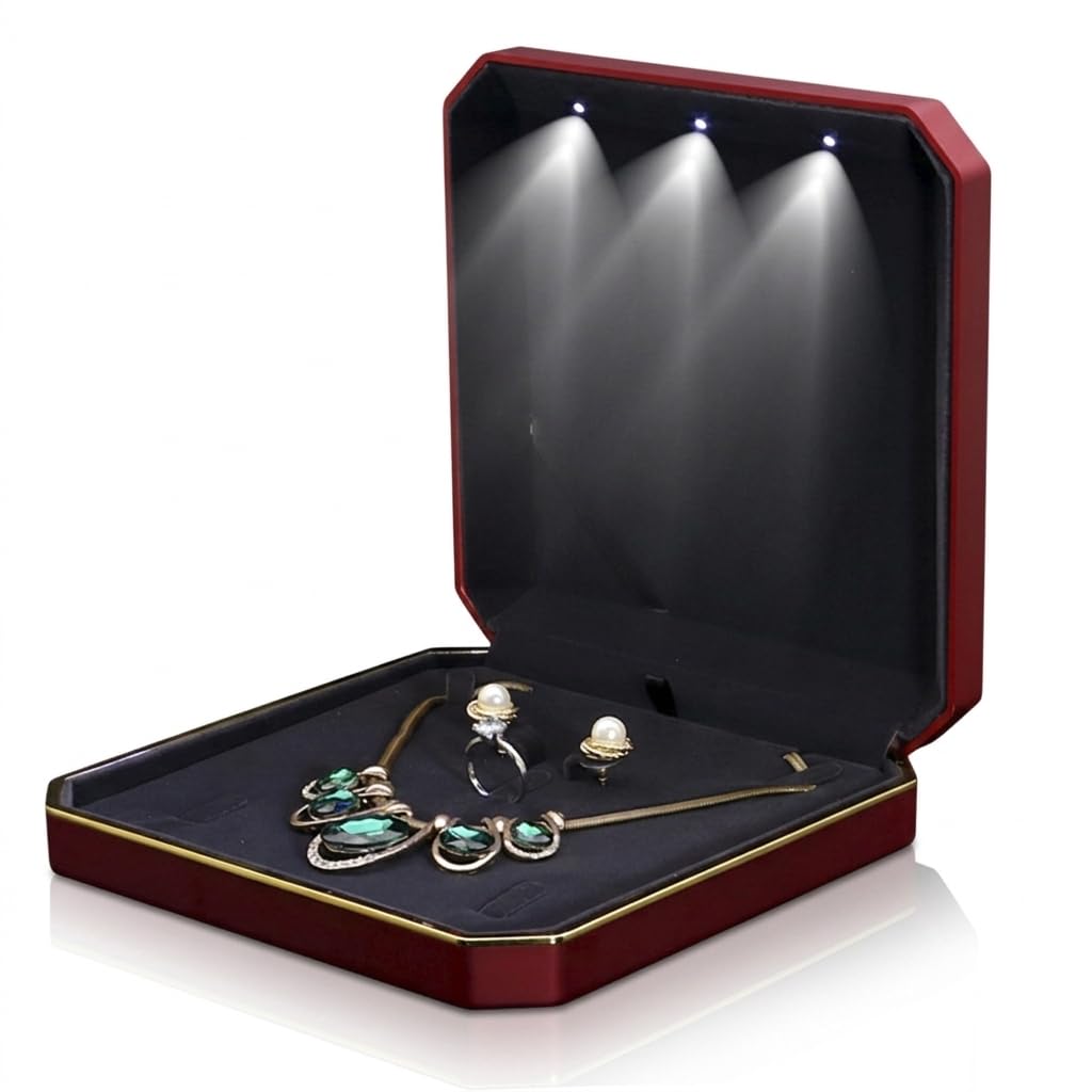 HSLFUAI Necklace Box with Led,Jewelry Box for Necklace, Large Necklace Box,Jewelry Gift Box for Wedding, Birthday, Valentine' Day, Mother'S Day, Christmas,Black Velvet Interior Necklace Organizer