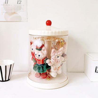 iobiotio Rotating Display Case Compatible with Labubu, Stackable Clear Blind Box Storage Organizer for 6.7" Doll, Dustproof Figure Showcase for Plush Keychain, Hanging Doll Holder for Desktop Decor