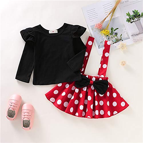 Baby Girls Skirts Set Ruffle Cloth +Polka Dot Overall Dress Bow Polka Dot Skirt Set (Black and Red, 12-18 Months)