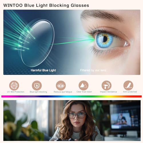 WINTOO Blue Light Glasses for Woman Men | 99% Blue Light Blocking Glasses | Computer Glassess | Night Driving | Gaming | TV Phone Screen Reader Square Frame | Anti Eyestrain & UV Glare Protection