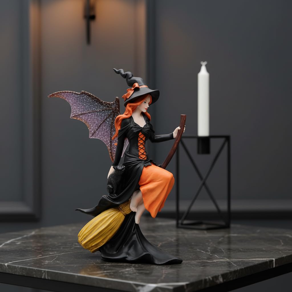 Comfy Hour 8" Gothic Fairy Witch Figurine on Broom, Fantasy Sorceress Statue with Mystical Wings, Spooky Halloween Indoor Decor Accent, Polyresin Artisan Crafted Sculpture, 1 Unit