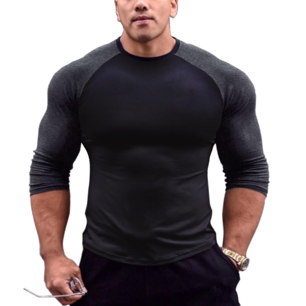 Mens Muscle Cut Raglan T Shirts with 3/4 Sleeve Fitness Workout Tops Black-Dark Grey L