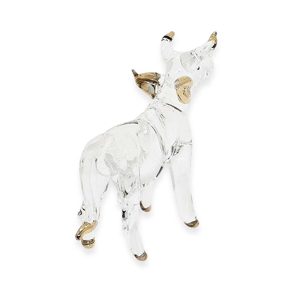 WitnyStore Tiny 2½" Clear Gold Cow Figurine - Miniature Hand Blown Glass Bulls Ox Oxen Bovid Bovine Cattle Farm Animals Small Crystal Decorative Figures Collectible Figurines Home Décor Gifts