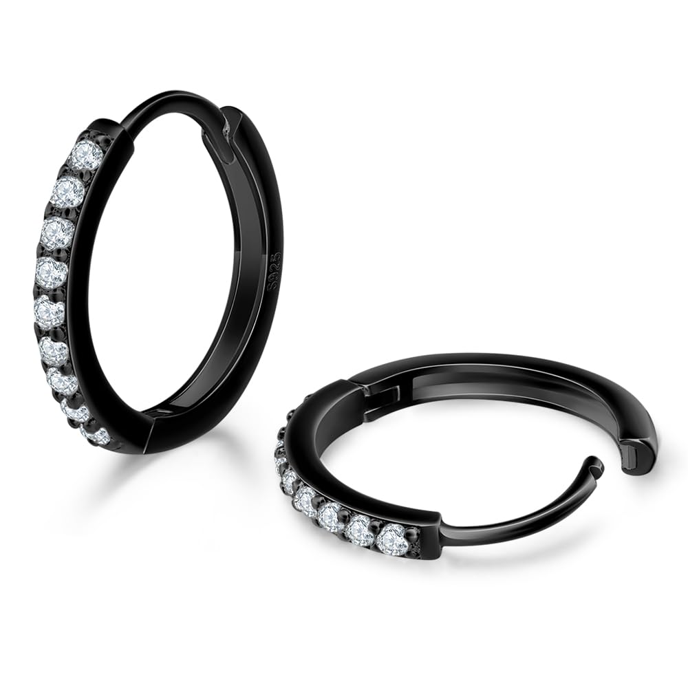 Black Hoop Earrings Sterling Silver Stud Earrings for Men Women 6 Pairs Hypoallergenic Tiny Cubic Zirconia Stud Set Cartilage Hoops 6mm 8mm 10mm