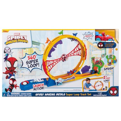 Marvel Spidey and His Amazing Friends Amazing Metals Super Loop Track Set - 28-Inch Race Track with Launcher, 360 Degree Super Loop, and Exclusive Amazing Metals Vehicle