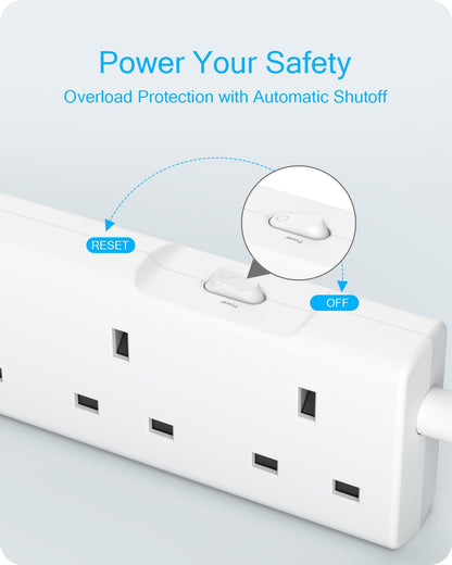 LENCENT Extension Lead with USB C Port, 3250W 13A, 6 Way Outlets Power Strip with 1 USB-C and 2 USB Slots, Multi Power Plug Extension with 1.8M Braided Extension Cord for Home Office, White
