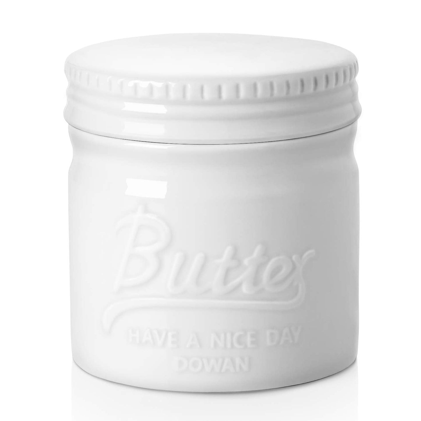 DOWAN Butter Dish, French Butter Crock With Lid for Spreadable Soft Butter, Porcelain Butter Keeper With Waterline for Counter, Embossed Butter Container Home Gift Kitchen Decor, Beige