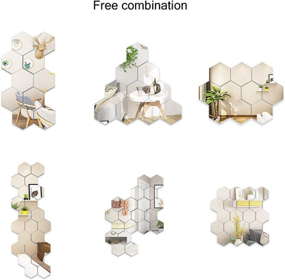 MCLEULLA 12 Pcs Acrylic Mirror Wall Stickers Hexagon Plastic Wall Stickers for Home Decor Living Room Bedroom Over Sofa or TV Gold (silver)