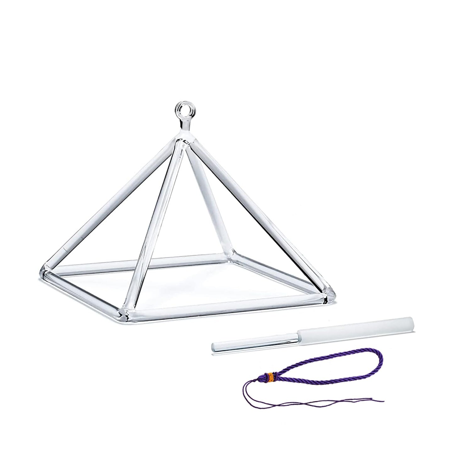 Hye-eun Crystal Singing Pyramid, Clear 8 inch Quartz Pyramid with Crystal Singing Bowl Stick and Purple Rope