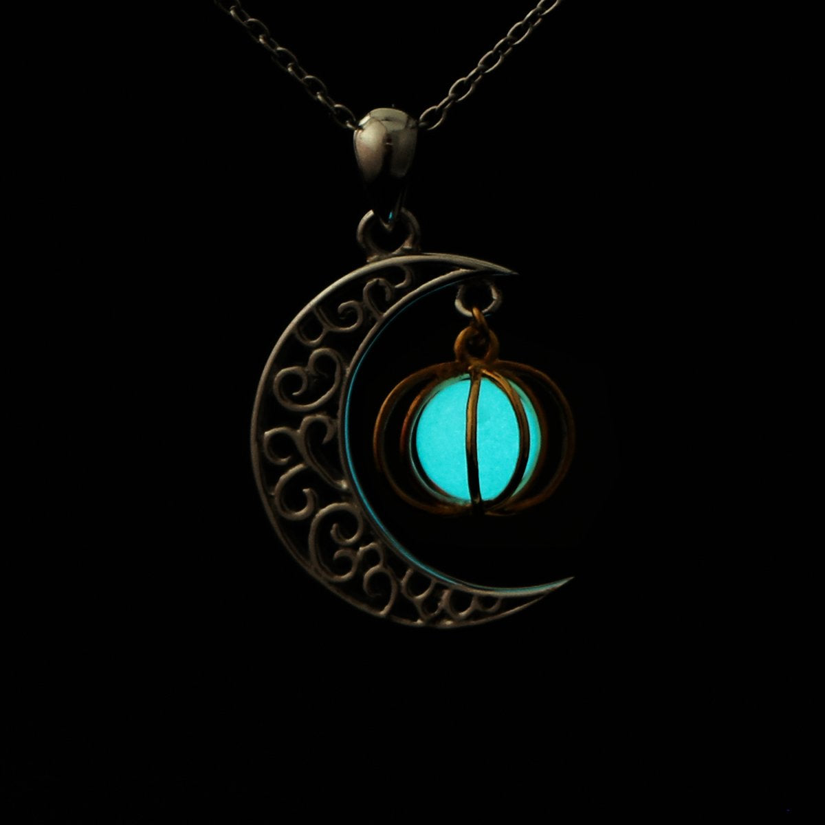 Ladytree Halloween Jewelry 925 Sterling Silver Moon and Pumpkin Luminous Beads Glow Pendant Necklace, 18 inches