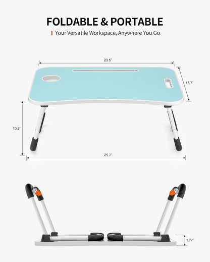 FISYOD Foldable Laptop Table, Portable Lap Desk Bed Table Tray, Laptop Stand with Cup Holder & Tablet Slot & Lifting Handle for Working Writing Drawing & Eating (Blue)