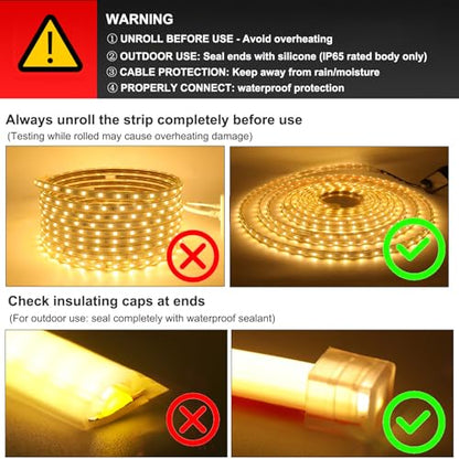 GQL 2m 5050 LED Strip Warm White with Switch (80cm Cable), Mains Powered SMD 60LEDs/m Commercial Rope Light, IP65 Waterproof for Indoor/Outside Decoration UK Plug Supply