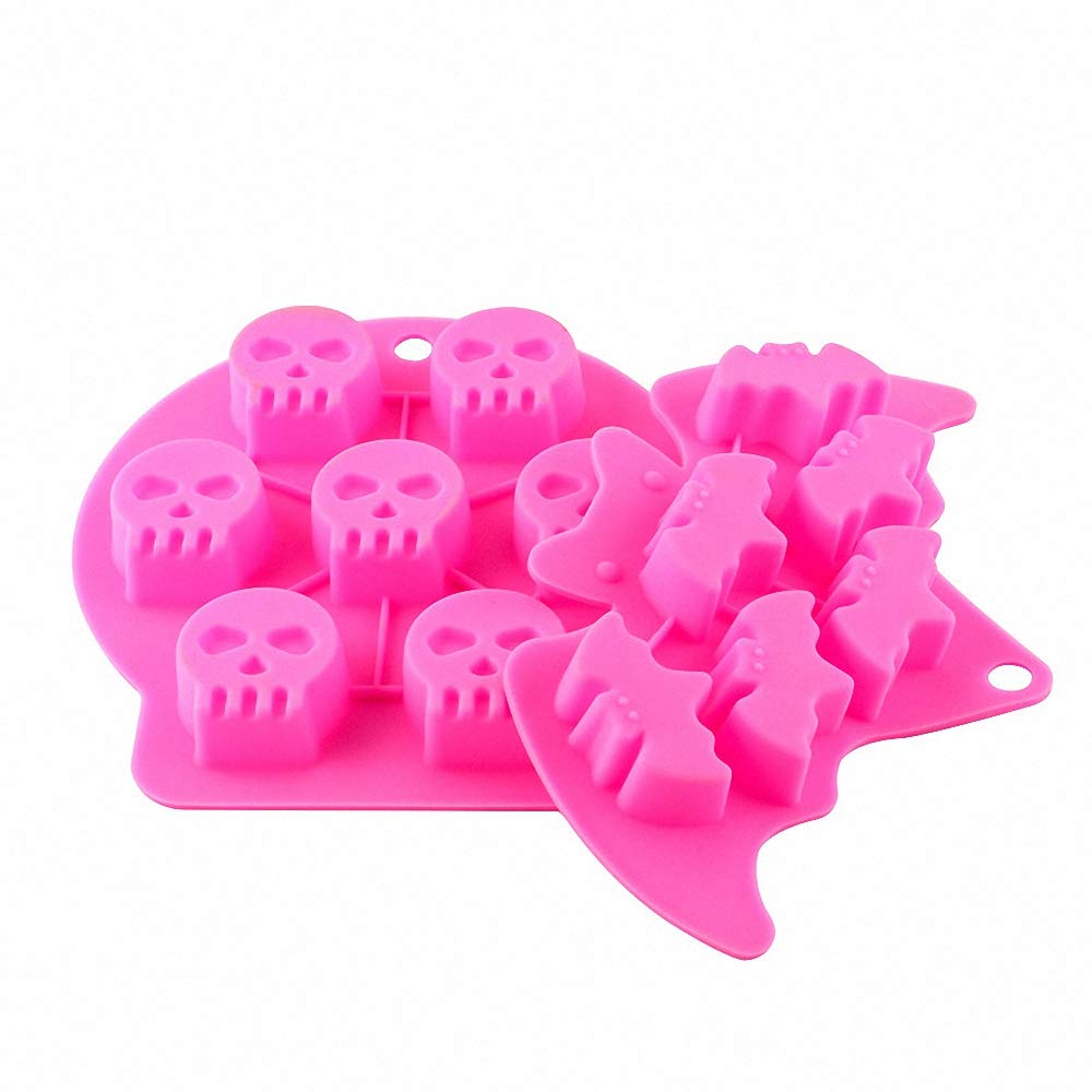 MoldFun 4pc/set Halloween Skull Bat Witch Ghost Shape Silicone Mold Tray for Chocolate Candy Gummy Ice Cube Jello Jelly Cake Mini Soap Wax Crayon Melt