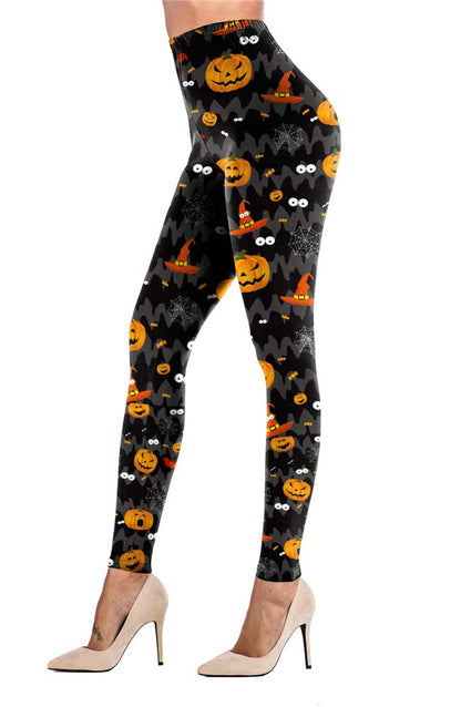 Pumpkin Print Leggings Halloween Horror Nights Bat High Waist Casual Pants for Women M